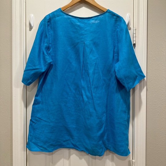 Vtg Caroline Rose 100% Linen Tunic Blouse Women’s L Teal Blue Pockets Lagenlook - Picture 2 of 10